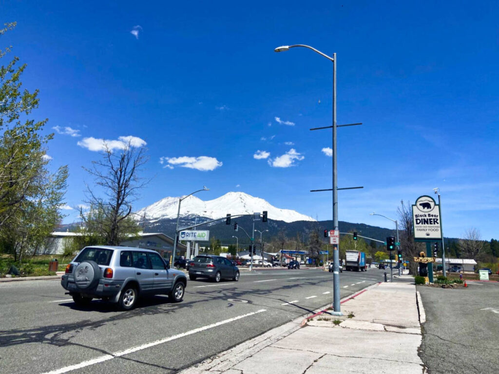 View of the snow covered peaks of Mount Shasta from the downtown