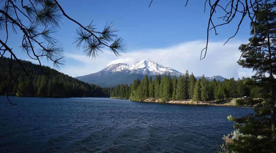 The Mount Shasta topped with snow from afar