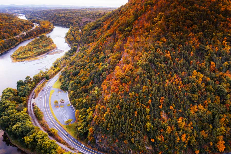 Aerial view of the fall foliage around Mount Tammany