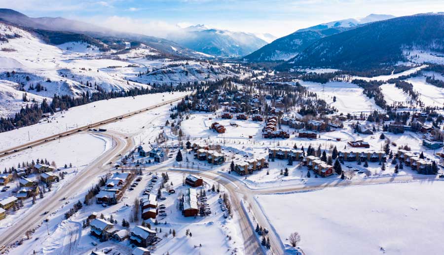 Aerial view of houses in Keystone during winter season