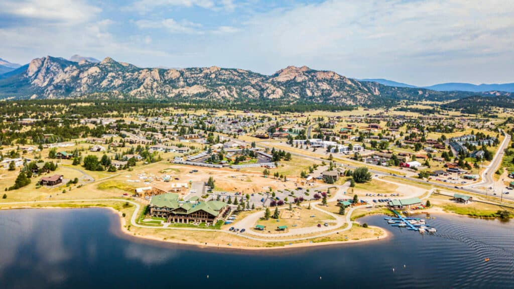 Aerial view of Estes Park and the stunning mountain views in the background