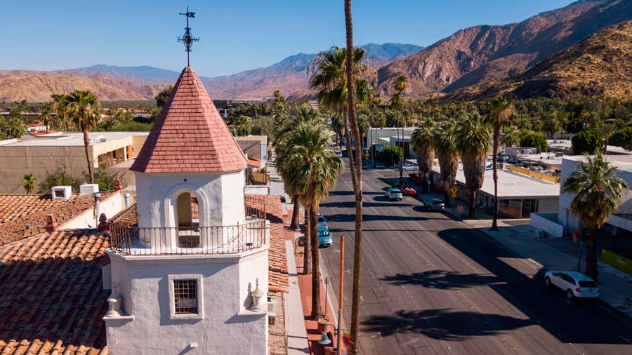 View of buildings and mountains in Palm Springs