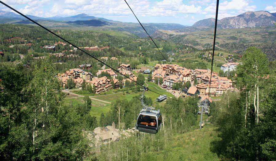 A cable car with Telluride’s Mountain Village view