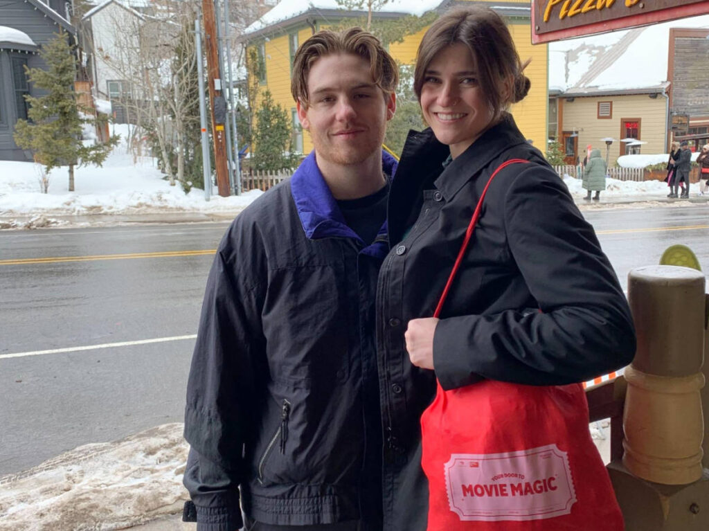 The author Betty Hurd carrying her Movie Magic goodie bag with her boyfriend