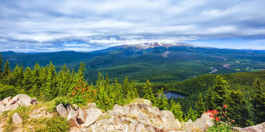 Scenic view of the Mt. Hood and Mirror Lake from the mountain summit