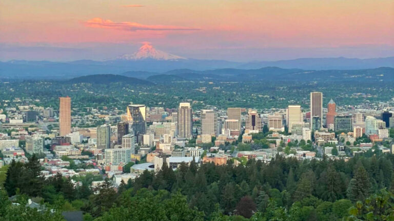 Overlooking view of the Portland skyline and the Mt. Hood in the background at sunset