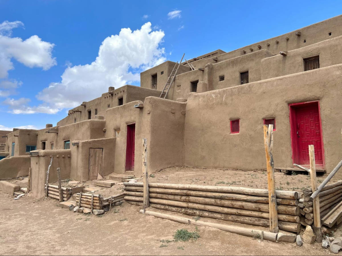 View of the multi-storey adobe buildings in Taos Pueblo
