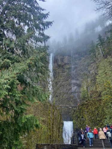View of people on a stairs at the Multnomah Falls
