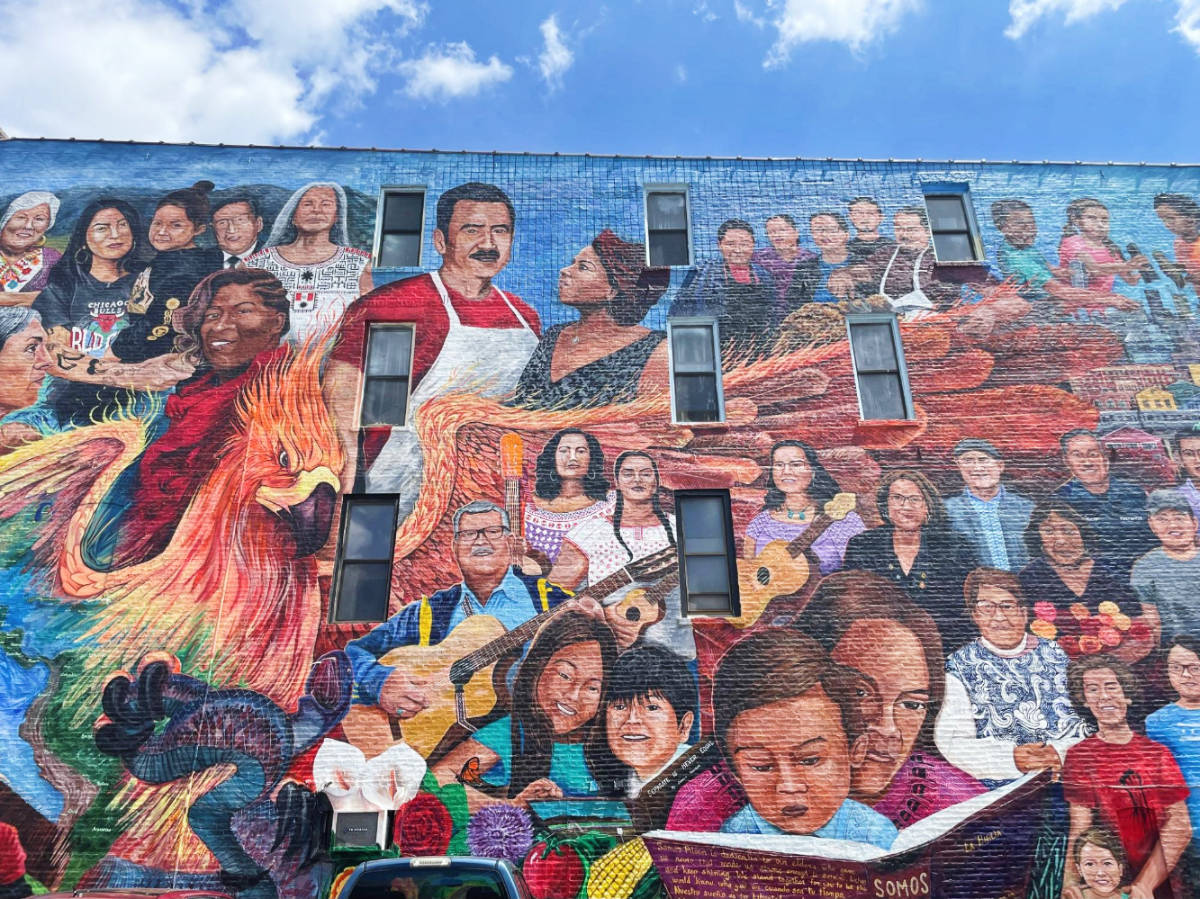 Blue sky over a colorful mural in Pilsen