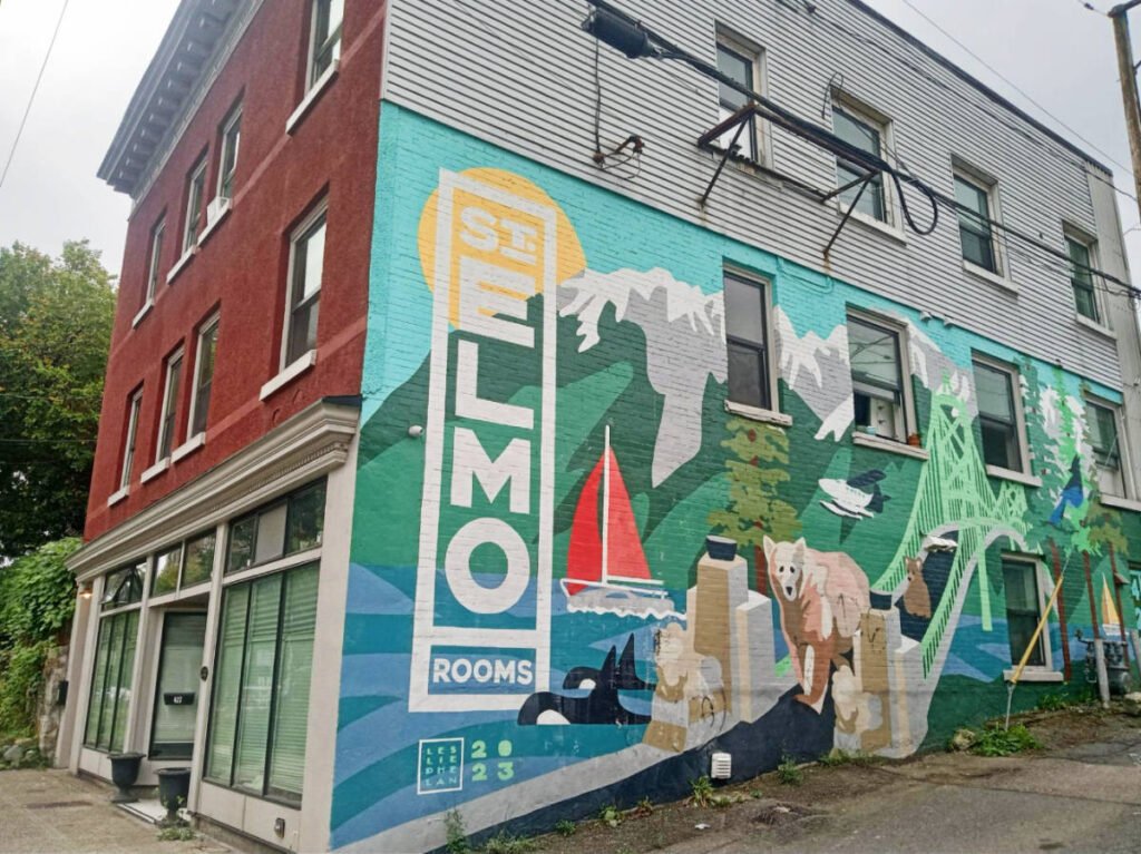 A colorful mural on a building