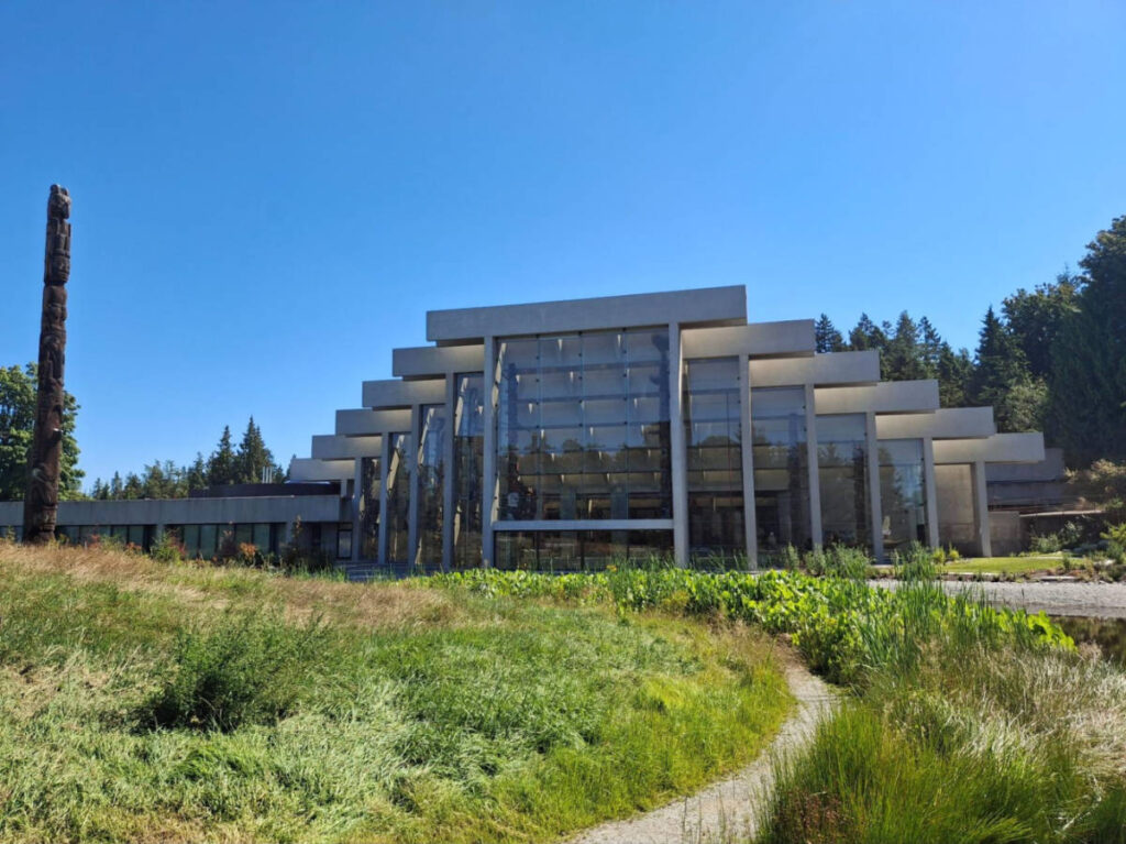 Panoramic view of the unique structure of Museum of Anthropology in British Columbia