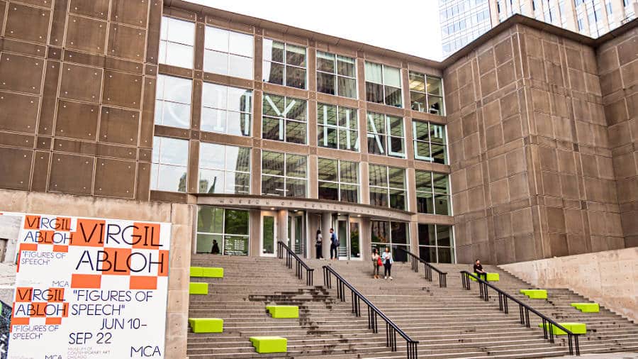 Virgil Abloh exhibit signage outside the Museum of Contemporary Art