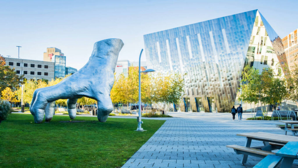 View of the cool hand sculpture at the Museum of Contemporary Art Cleveland