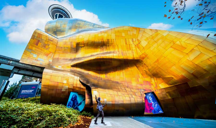 The Museum of Pop Culture from the outside under the clear blue sky