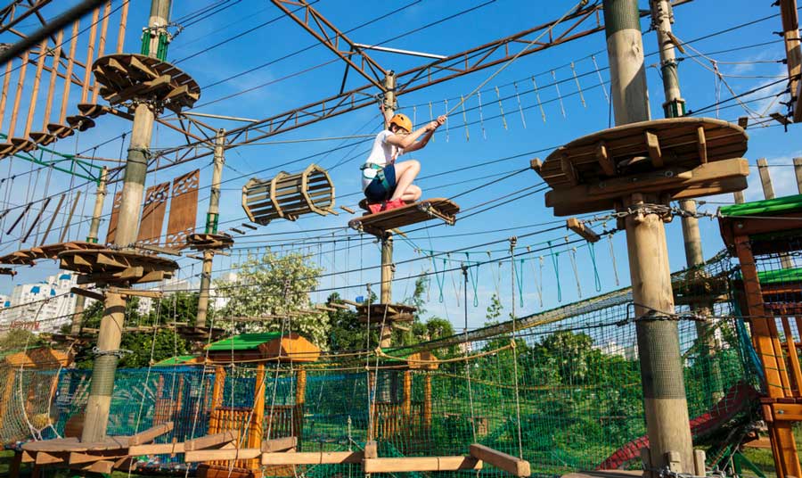 A child doing the Sky Trail Ropes course in a forest adventure park