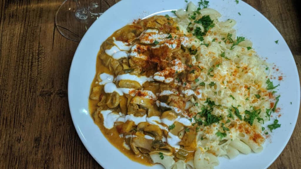 A plate of Mushroom Goulash served at Drum Cafe