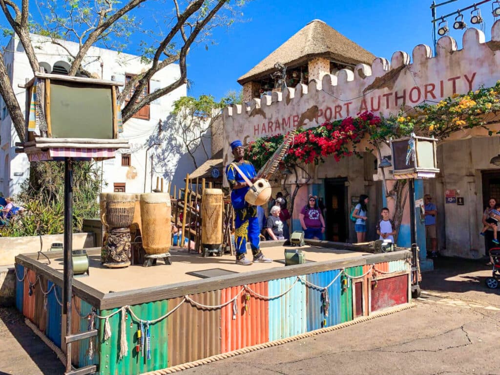 A musician playing on the stage in Harambe at Disney’s Animal Kingdom
