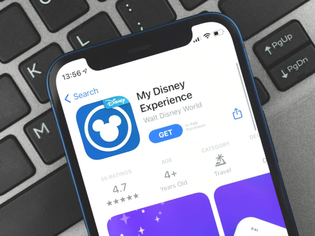 A mobile phone with the application of My Disney Experience in Apple Store