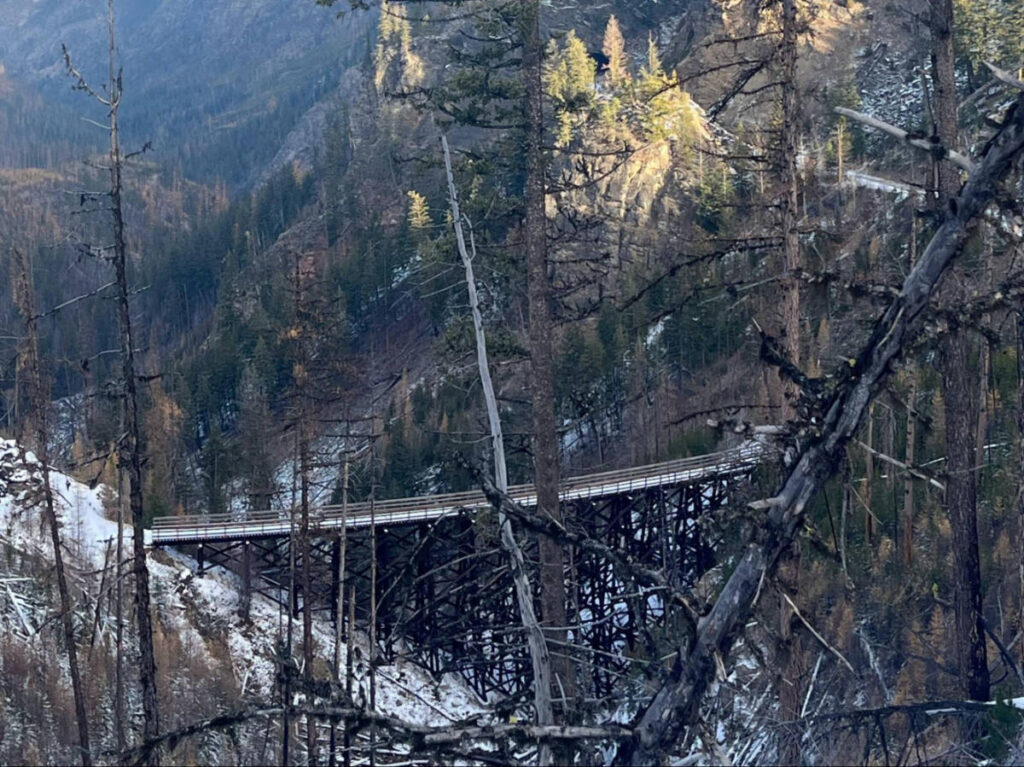 Aerial view of the bridge and the winter trees dusting with snow in Myra Canyon Trestles
