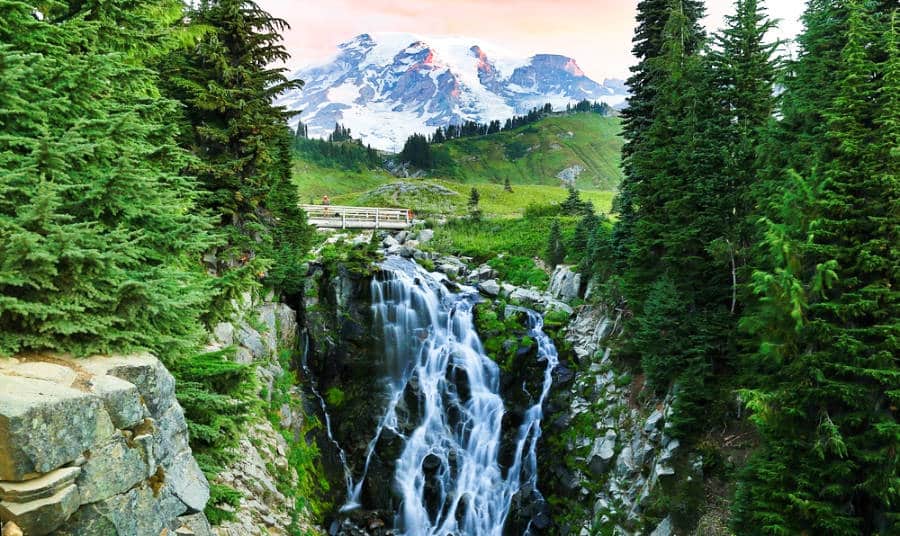 Scenic view of a snow-capped mountain and Myrtle Falls surrounded with pine trees at sunrise