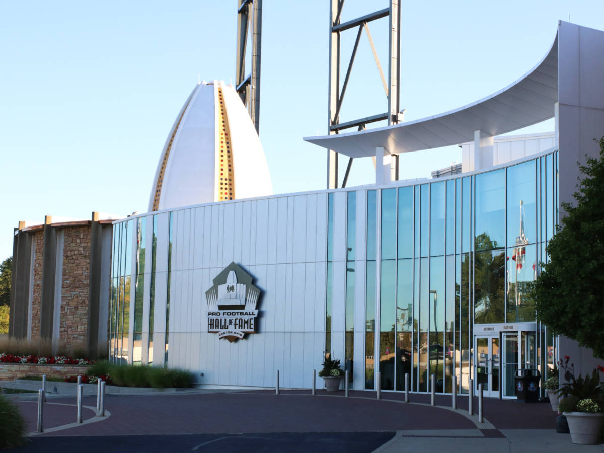 Exterior view with the huge sign of NFL Pro Football Hall Of Fame