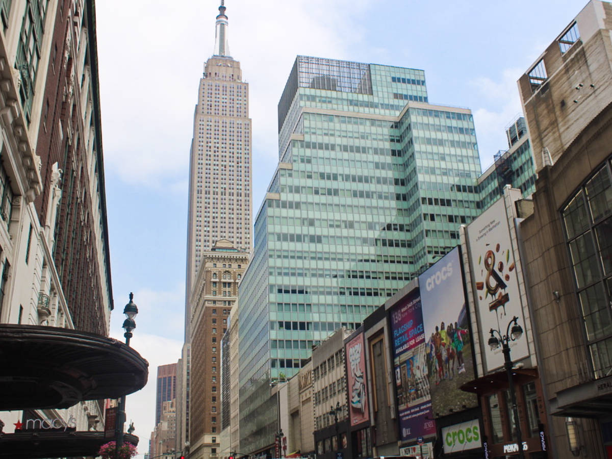 Perspective view of the skyscrapers and the clear blue sky in NYC