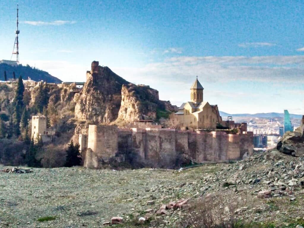View of the modern towers and the Narikala fortress in Tbilisi