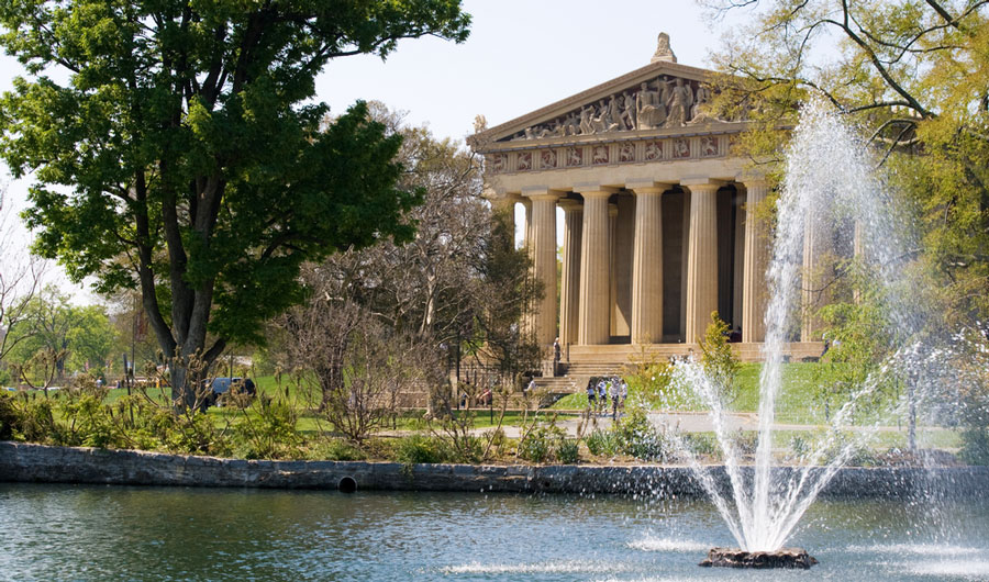 View of the Nashville Parthenon from afar in Centennial Park