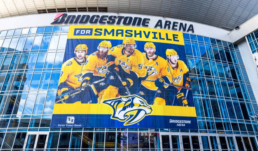 A huge poster of Nashville Predators outside the Bridgestone Arena in Nashville