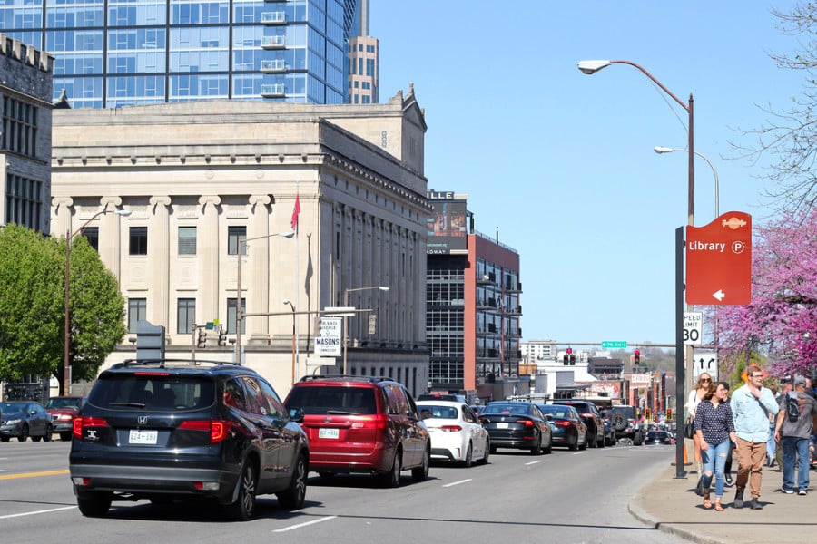 Cars in traffic during the rush hour in downtown Nashville