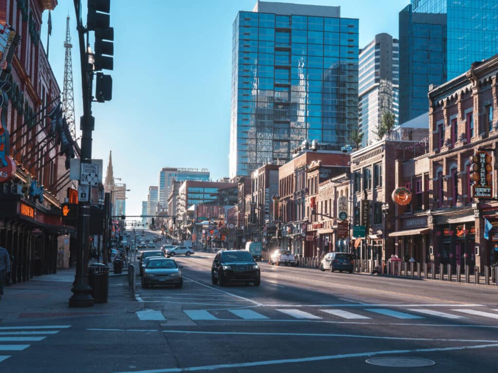 Clear blue sky over Downtown street in Nashville