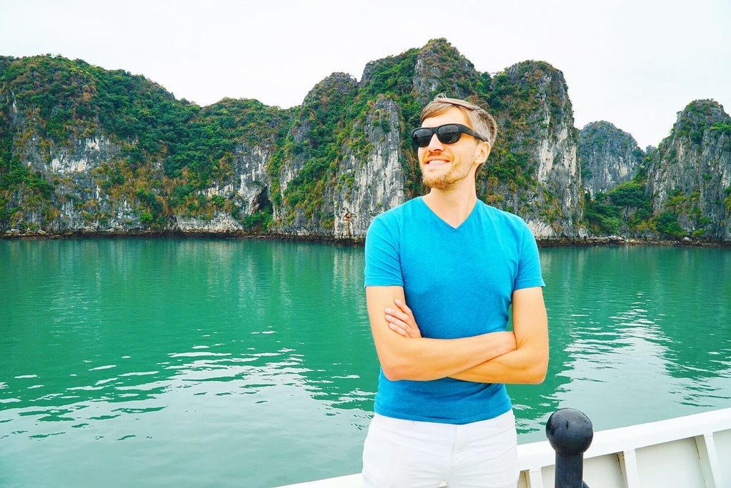 Travel Lemming founder Nate Hake, cruising Bai Tu Long Bay on the Dragon Legend 2
