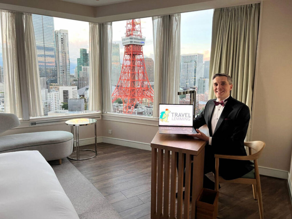 The author Nate Hake on his working table at the Prince Park Tower Tokyo Hotel