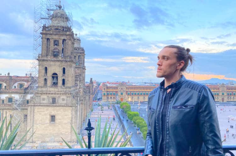 The author looking out over the Plaza del Zócalo, one of the Mexico City things to do