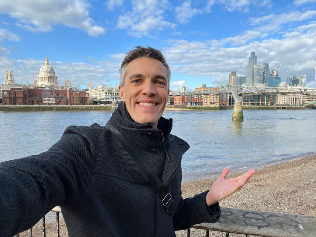 Author Nate wearing a coat during his trip to London