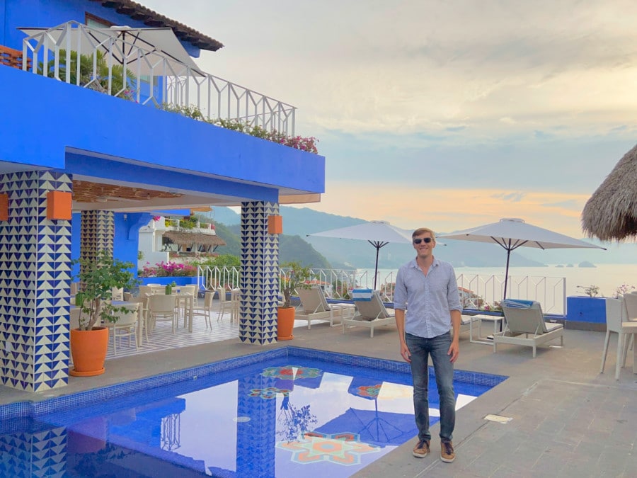 Nate and the outdoor pool in Patio Azul