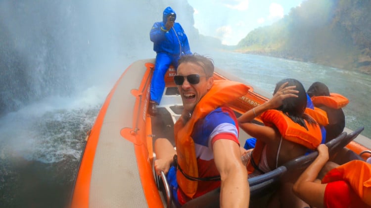 Travel Lemming founder Nate Hake on the jet boat under the Iguaza Falls