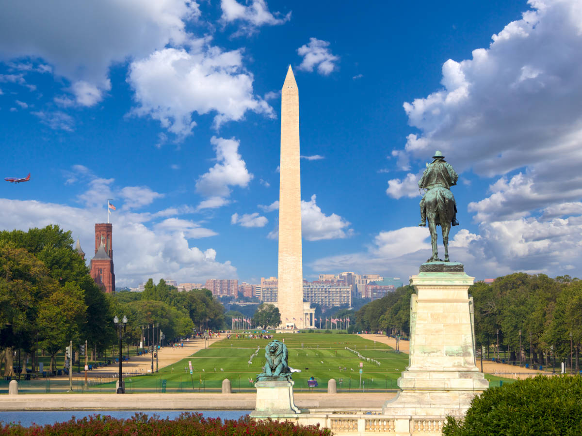 View of landmarks in Washington DC from the National Mall