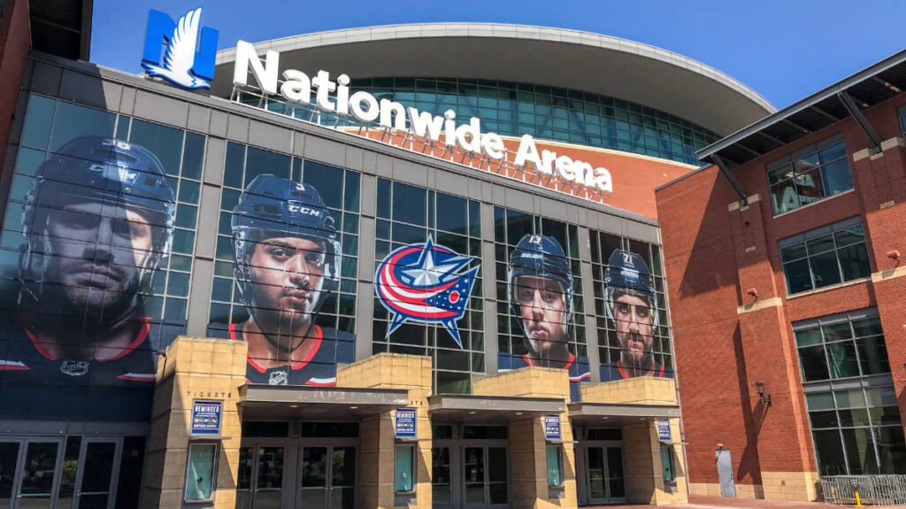 Hockey player displayed outside the Nationwide Arena building
