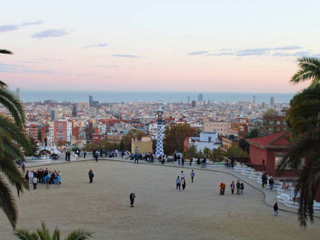 Overlooking view of Nature Square in Park Güell during sunset