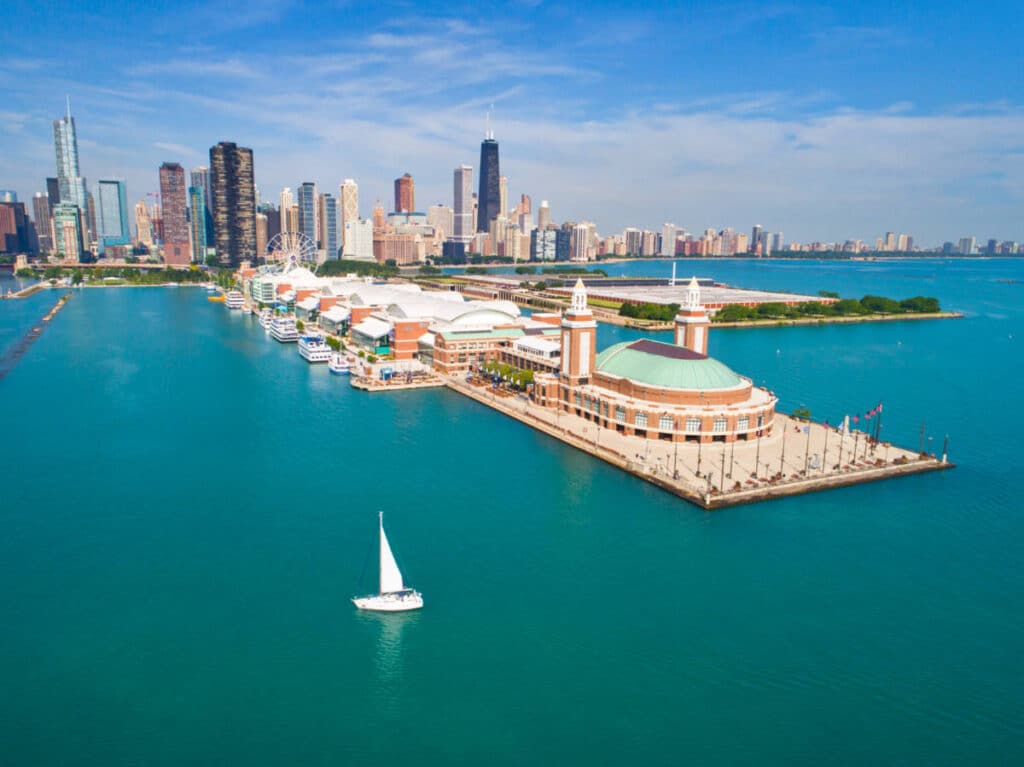 Picturesque aerial view of the Navy Pier on a sunny day