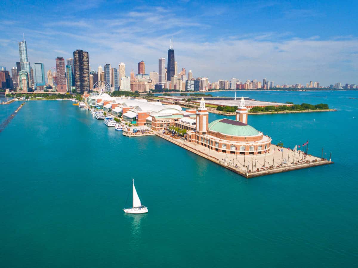 Picturesque aerial view of the Navy Pier on a sunny day