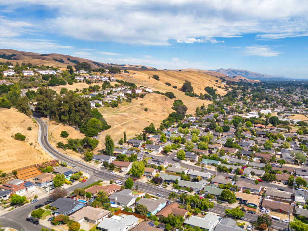 Aerial view of the residential neighborhood in Hayward