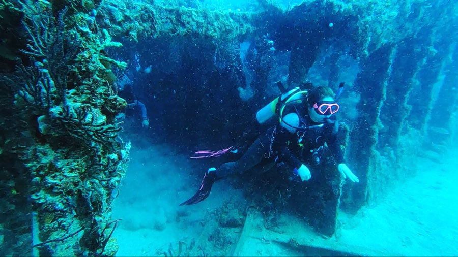 View of a woman scuba diving in Neptune Memorial Reef