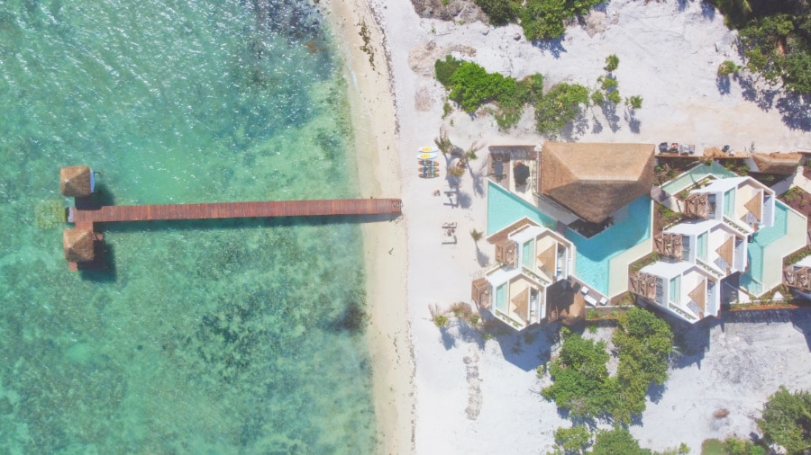 Drone overhead view of the Nerea beachfront boutique hotel