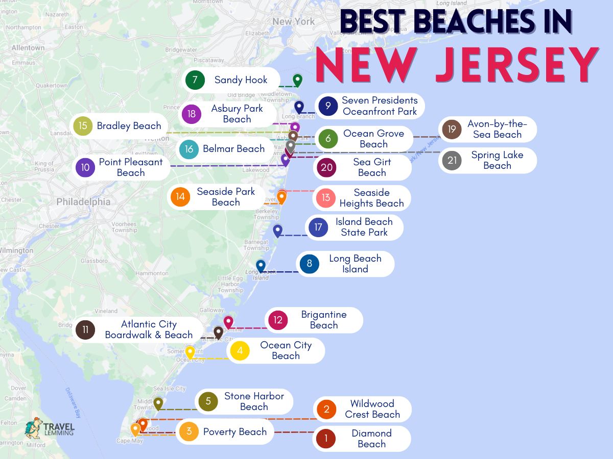 Custom map of beaches in New Jersey