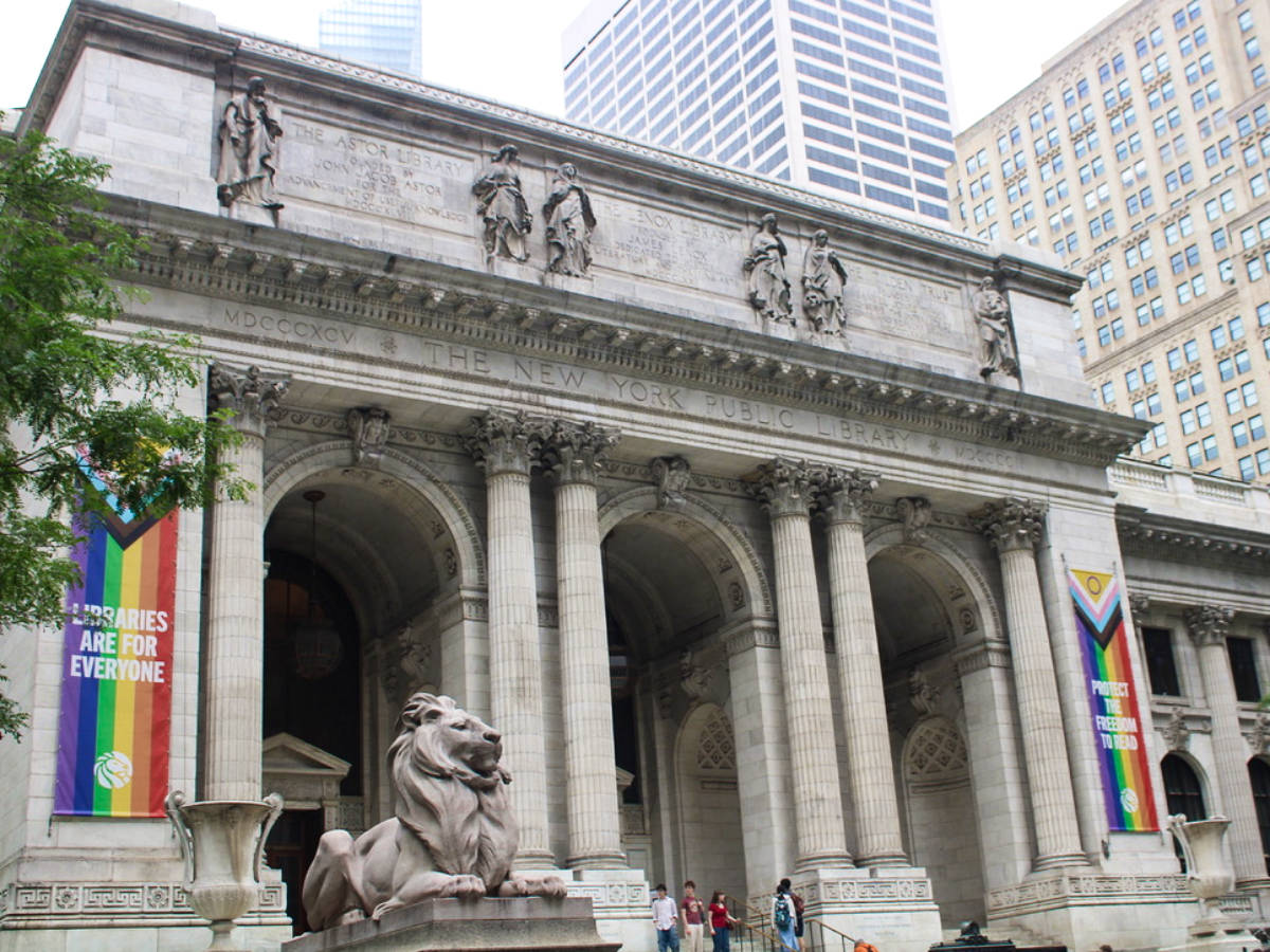 View of the Pride flags at the entrance of New York Public Library