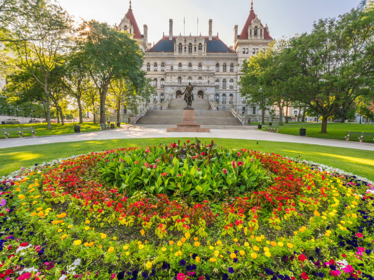 Flowers in front of the New York State Capitol Building in Albany