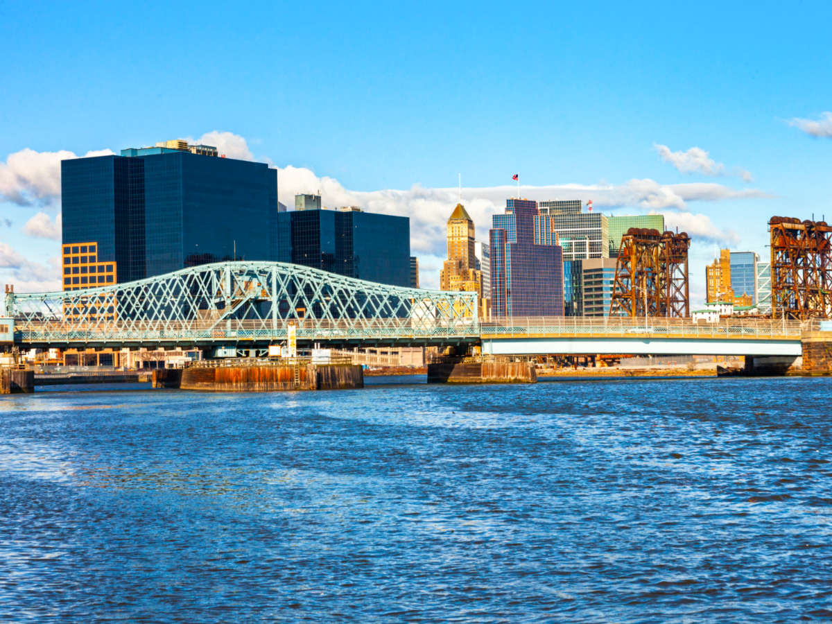 View of the bridge and the city skyline of Newark