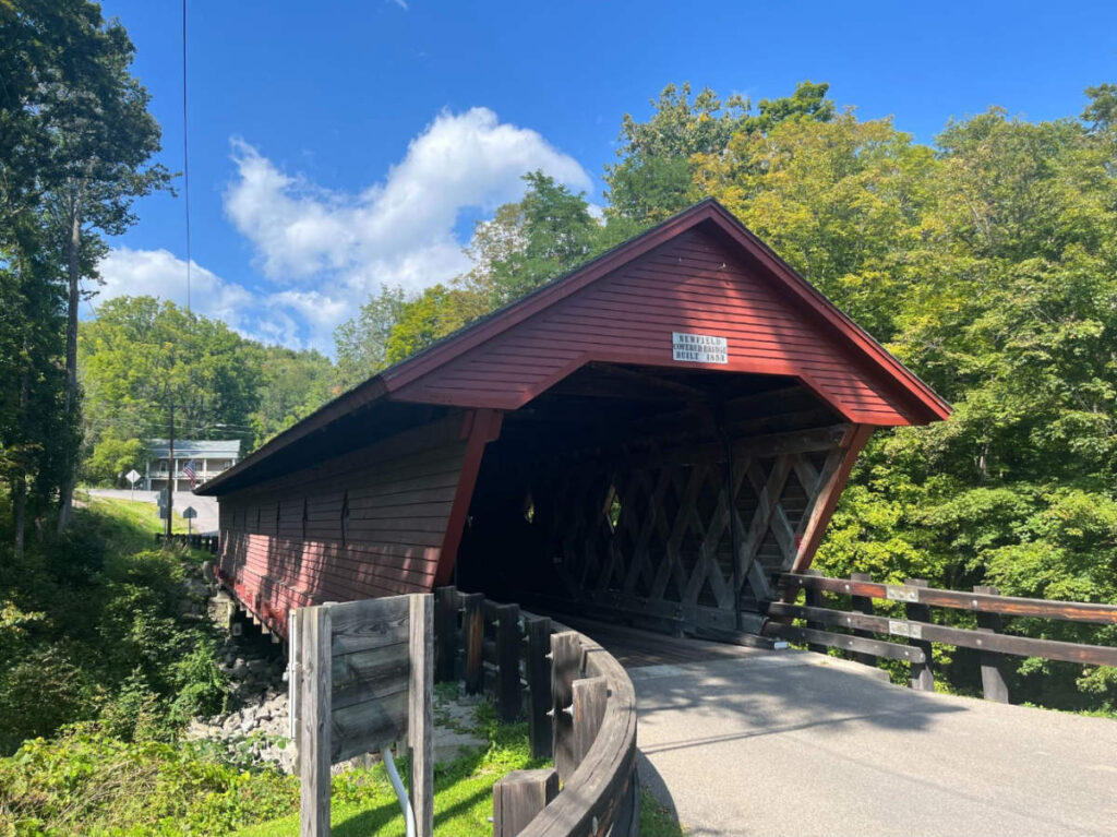 Clear blue sky over the Newfield Covered Bridge